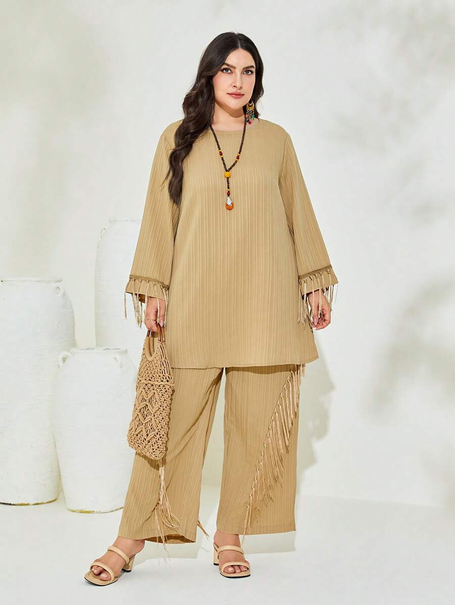 Mulvari 大碼流蘇邊褶皺長褲 - 卡其色 - 查看 1