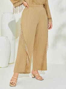 Mulvari 大碼流蘇邊褶皺長褲 - 卡其色 - 查看 5
