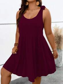 SHEIN LUNE Plus Solid Knot Shoulder Dress - Burgundy - View 1