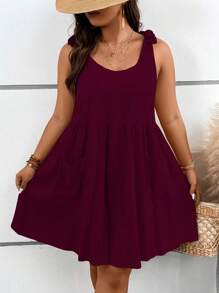 SHEIN LUNE Plus Solid Knot Shoulder Dress - Burgundy - View 3