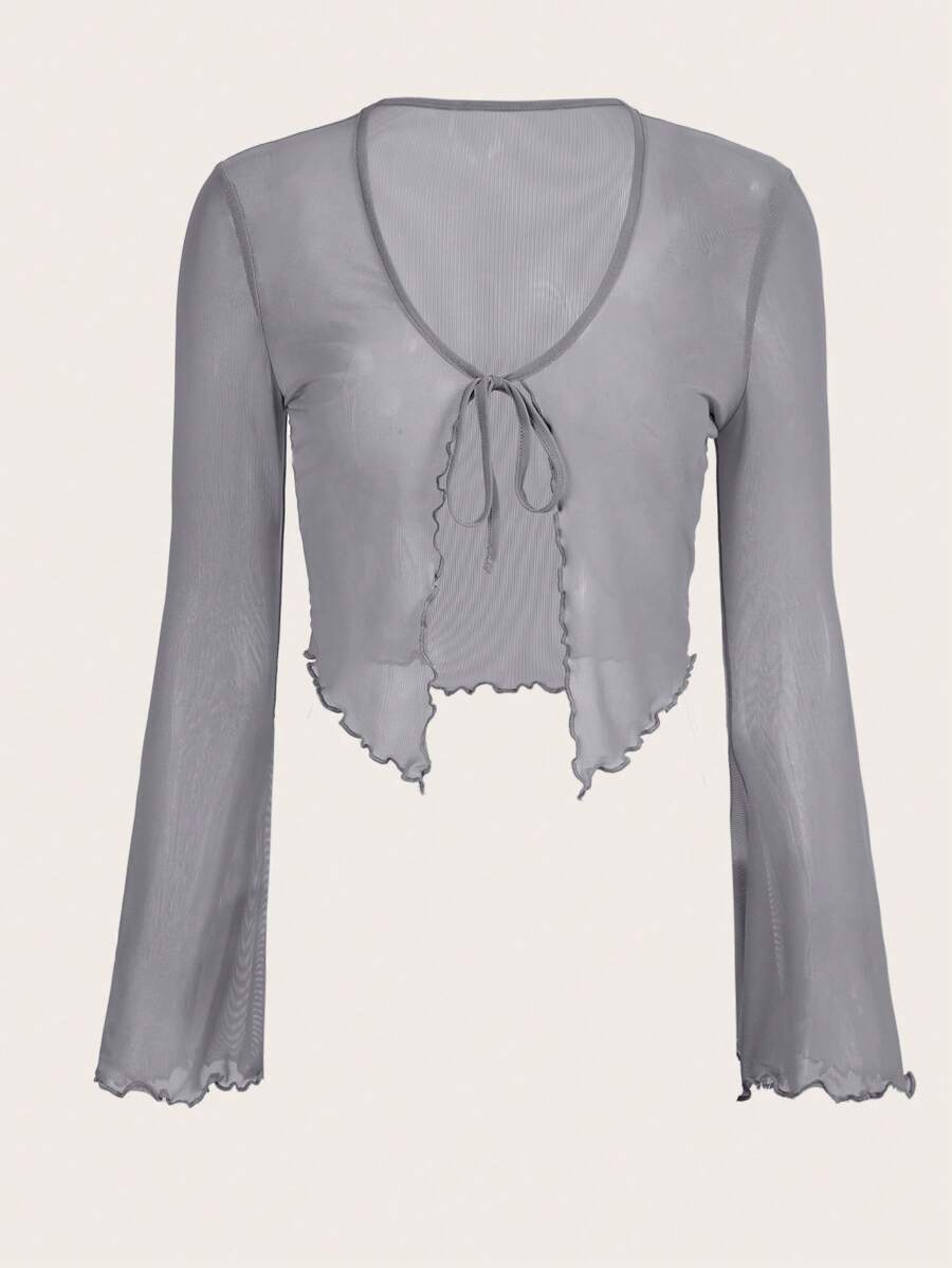 SHEIN ICON Solid Lettuce Trim Tie Front Mesh Top - Grey - View 1