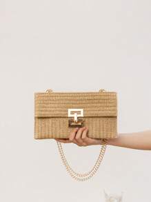 女士扭锁翻盖草编沙滩包链条编织钱包手包