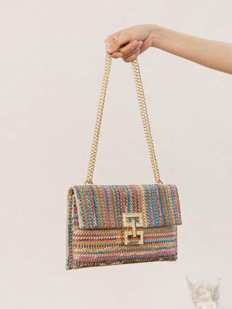 Women Twist Lock Flap Straw Beach Bag Chain Woven Purse Clutch