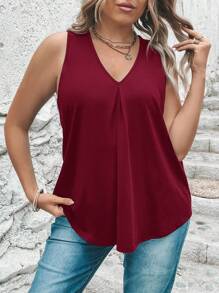 SHEIN LUNE Plus Solid V Neck Tank Top - Burgundy - View 1