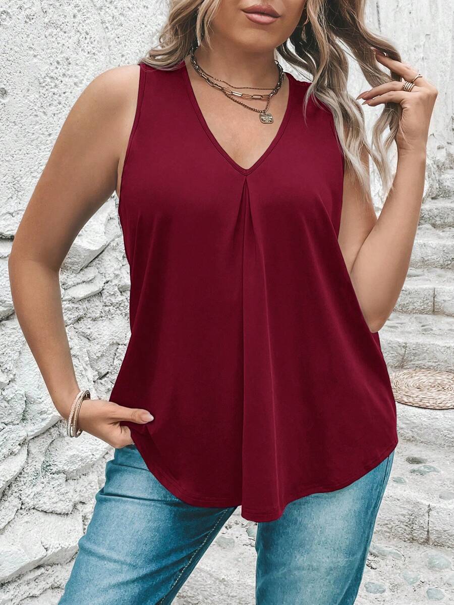 SHEIN LUNE Plus Solid V Neck Tank Top - Burgundy - View 1