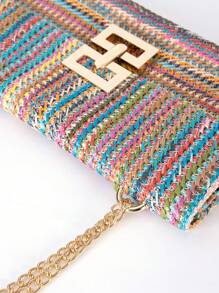 Bolso de paja con solapa y cierre de giro, bolso de mano trenzado con cadena para la playa