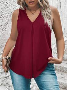 SHEIN LUNE Plus Solid V Neck Tank Top - Burgundy - View 3