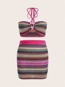 Dreamara Bộ thời trang Plus Size Lộ Lưng Hội Chữ thập Xù Buộc lại Hình học Boho - Màu Hồng Tươi - Xem 1