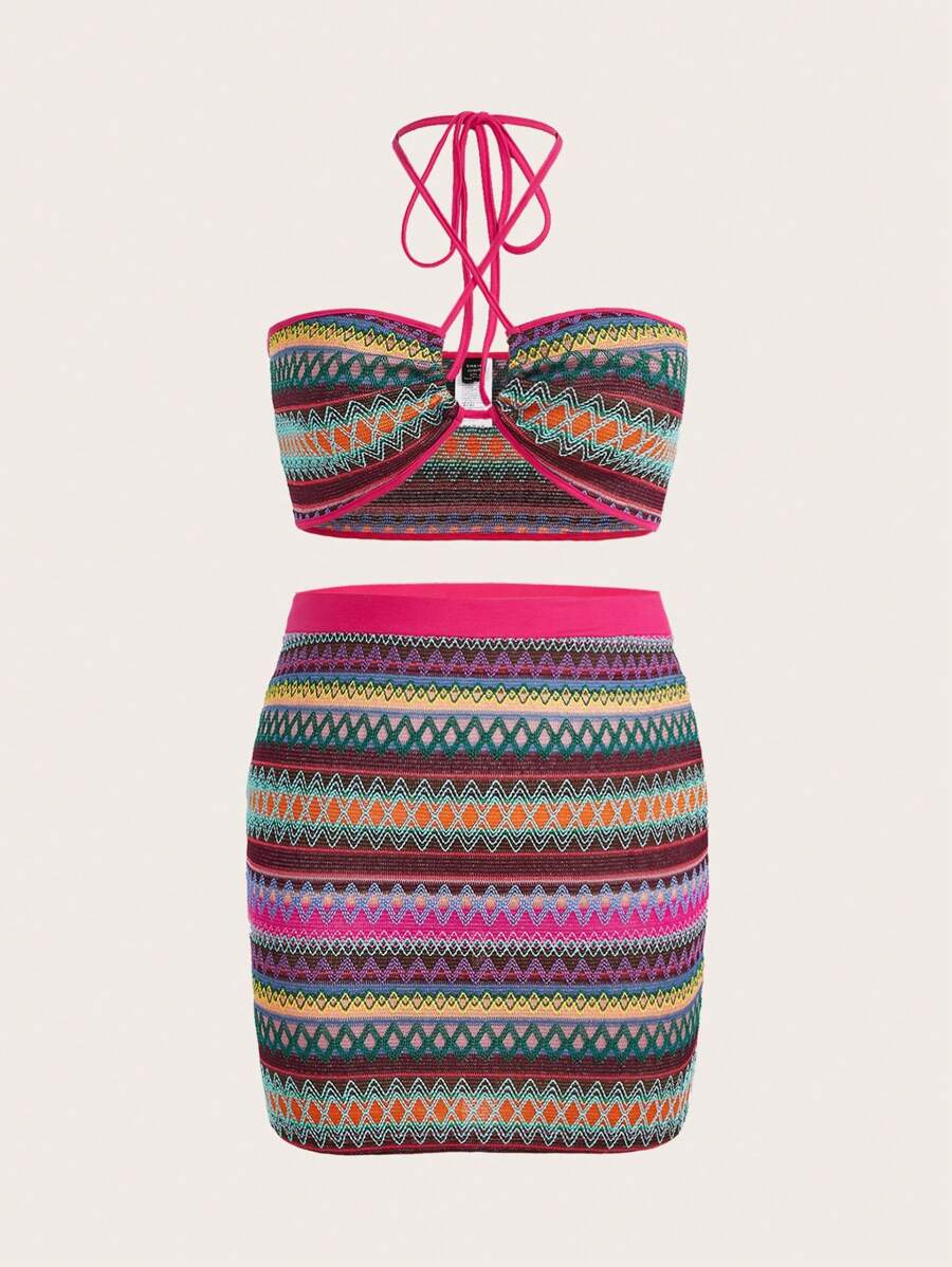 Dreamara Bộ thời trang Plus Size Lộ Lưng Hội Chữ thập Xù Buộc lại Hình học Boho - Màu Hồng Tươi - Xem 1