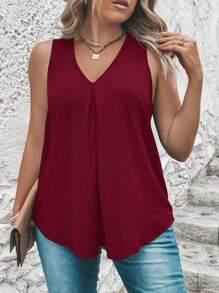 SHEIN LUNE Plus Solid V Neck Tank Top - Burgundy - View 4