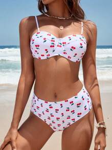 SHEIN Cherry Print Push Up High Waisted Bikini Set For Summer Beach - White - View 3