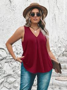 SHEIN LUNE Plus Solid V Neck Tank Top - Burgundy - View 6
