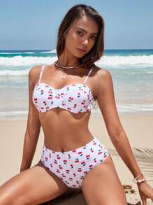 SHEIN Cherry Print Push Up High Waisted Bikini Set For Summer Beach - White - View 5