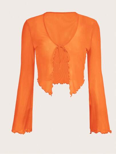 SHEIN ICON Lettuce Trim Tie Front Trumpet Sleeve Mesh Top