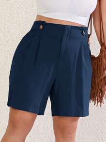 SHEIN LUNE Plus Plicated Detail Shorts - Navy Blue - View 5