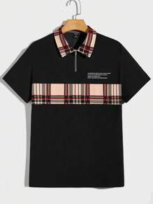 Manfinity NiteLyfe 男士標語和格紋印花POLO衫 - 黑色 - 查看 1