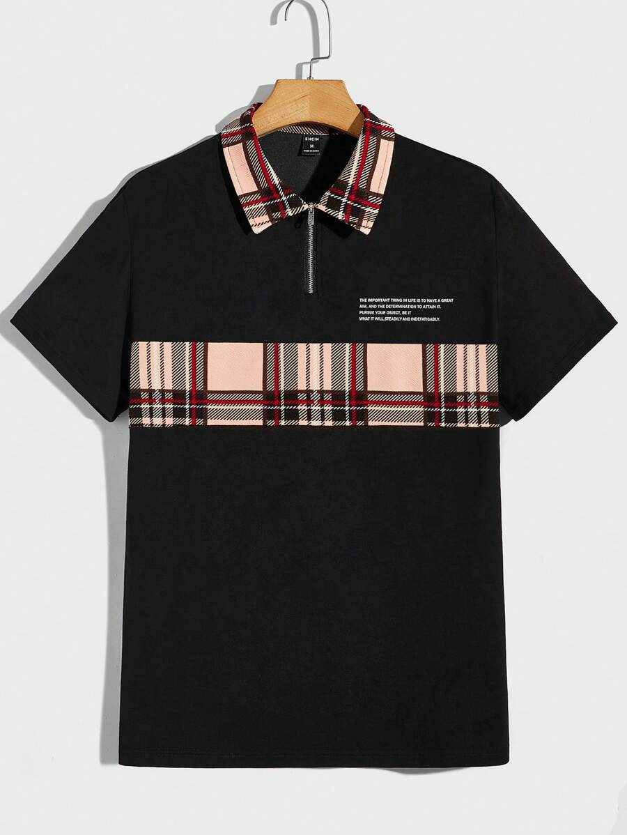 Manfinity NiteLyfe 男士標語和格紋印花POLO衫 - 黑色 - 查看 1