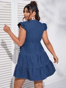 SHEIN 大碼荷葉邊前紐扣牛仔裙 - 中等水洗藍 - 查看 2