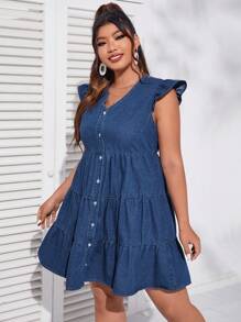 SHEIN 大碼荷葉邊前紐扣牛仔裙 - 中等水洗藍 - 查看 3