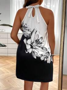 SHEIN Clasi 大码花卉印花锁孔领口吊带连衣裙 - 黑與白 - 查看 3