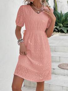 Breezaya 網眼刺繡泡泡袖側打結連衣裙 - 珊瑚粉 - 查看 1