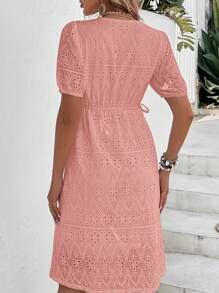 Breezaya 網眼刺繡泡泡袖側打結連衣裙 - 珊瑚粉 - 查看 2