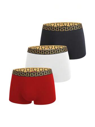 男士3入組拼接幾何印花織帶平角內褲三角內褲