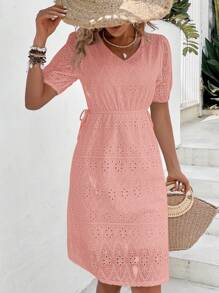 Breezaya 網眼刺繡泡泡袖側打結連衣裙 - 珊瑚粉 - 查看 3