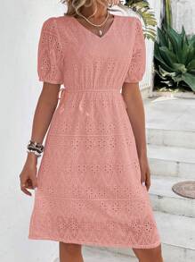 Breezaya 網眼刺繡泡泡袖側打結連衣裙 - 珊瑚粉 - 查看 6