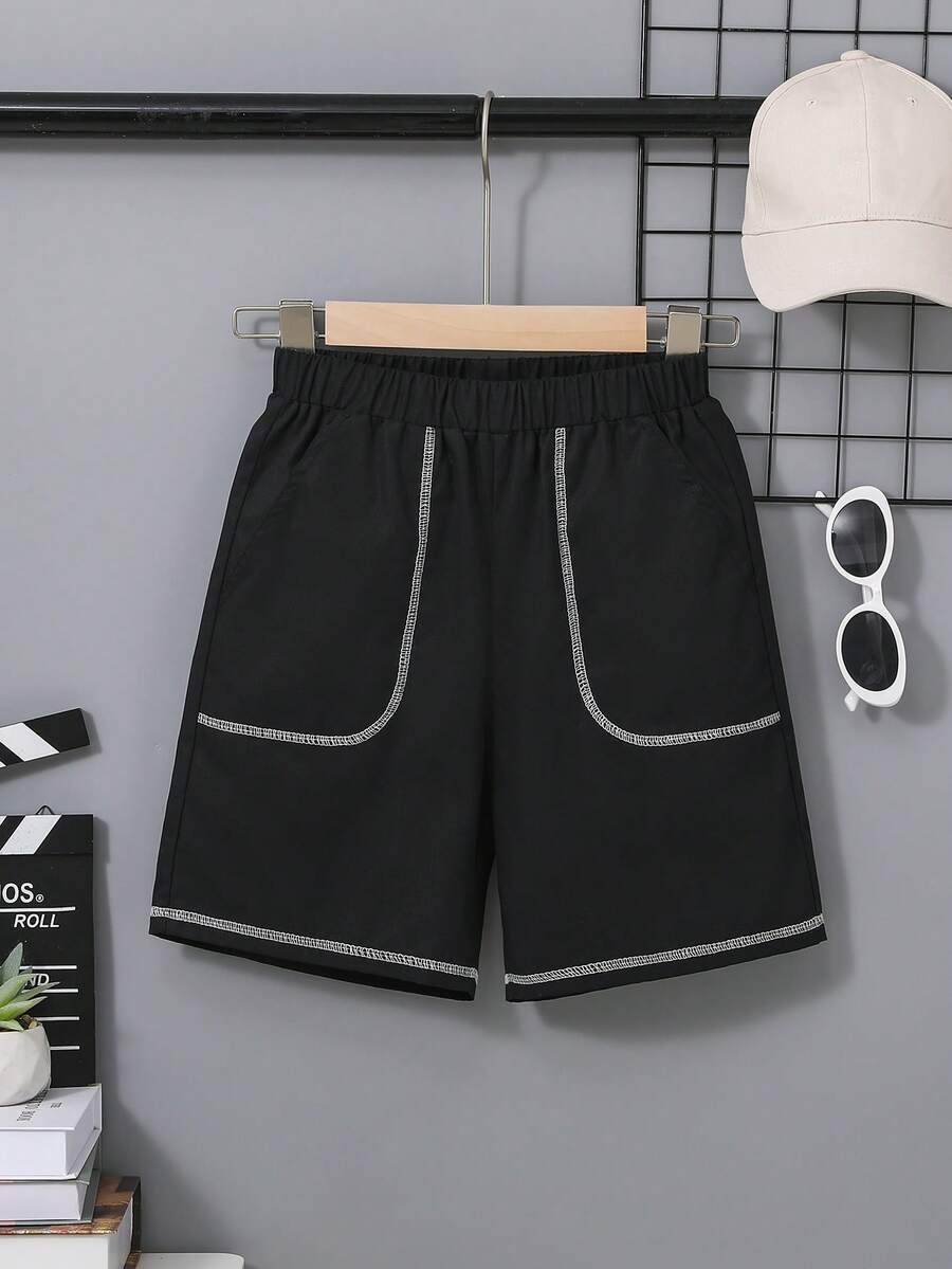 SHEIN Quần Short Trai Túi màu trơn Giải trí - màu đen - Xem 1