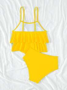 SHEIN Swim Summer Beach Ruffle Hem Ruched High Waisted Bikini Set - Yellow - View 5