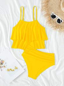 SHEIN Swim Summer Beach Ruffle Hem Ruched High Waisted Bikini Set - Yellow - View 6