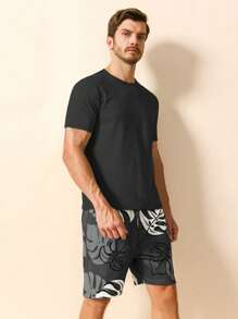 Men Solid Tee & Tropical Print Shorts PJ Set - Dark Grey - View 1