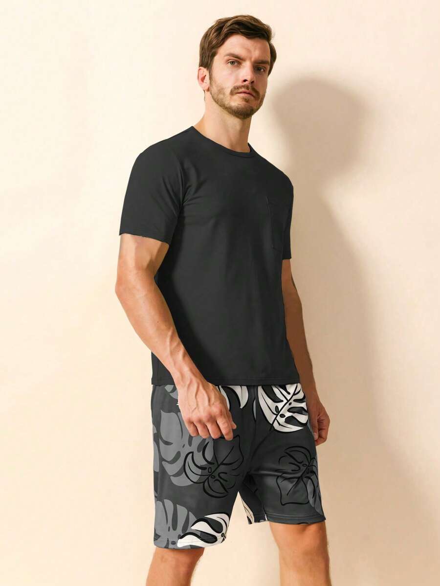 Men Solid Tee & Tropical Print Shorts PJ Set - Dark Grey - View 1