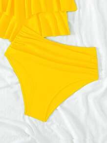 SHEIN Swim Summer Beach Ruffle Hem Ruched High Waisted Bikini Set - Yellow - View 7