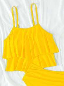 SHEIN Swim Summer Beach Ruffle Hem Ruched High Waisted Bikini Set - Yellow - View 8