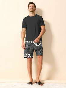 Men Solid Tee & Tropical Print Shorts PJ Set - Dark Grey - View 4
