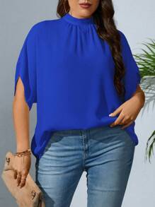 SHEIN Privé 大碼小高領蝙蝠袖後綁帶襯衫 - 寶藍色 - 查看 6