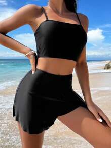 Swim Vcay Summer Beach Solid Split Hem Bikini - Black - View 2