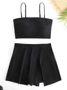 Swim Vcay Summer Beach Solid Split Hem Bikini - Black - View 3