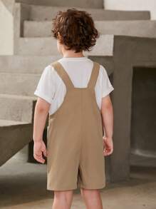 SHEIN 2pcs/set Toddler Boys' Comfortable, Fashionable, Simple, Practical, Versatile And Lovely Cartoon Printed 3d Ear Strap Overall Romper - Khaki - View 3
