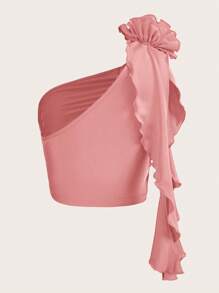 SHEIN ICON 3D單肩褶邊荷葉邊網紗上衣 - 粉色 - 查看 2