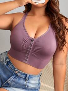 Plus Solid Zip Up Ruched Front Bralet - Mauve Purple - View 1