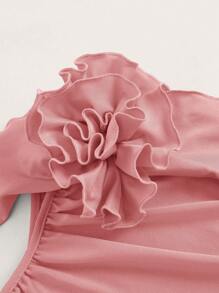 SHEIN ICON 3D單肩褶邊荷葉邊網紗上衣 - 粉色 - 查看 3