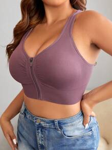 Plus Solid Zip Up Ruched Front Bralet - Mauve Purple - View 3