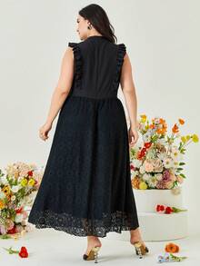 Modelyn Vestido de cuello alto ribete con fruncido con encaje - Negro - Ver 2