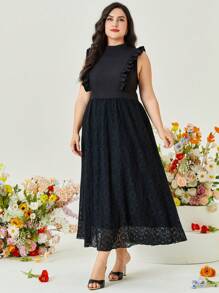 Modelyn Vestido de cuello alto ribete con fruncido con encaje - Negro - Ver 1