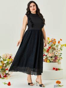 Modelyn Vestido de cuello alto ribete con fruncido con encaje - Negro - Ver 6