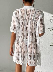 SHEIN Swim Summer Beach Hollow Out Button Front Kimono - White - View 2