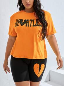 Slaydiva 大碼字母圖案T恤和愛心圖案騎行褲 - 橘色 - 查看 4